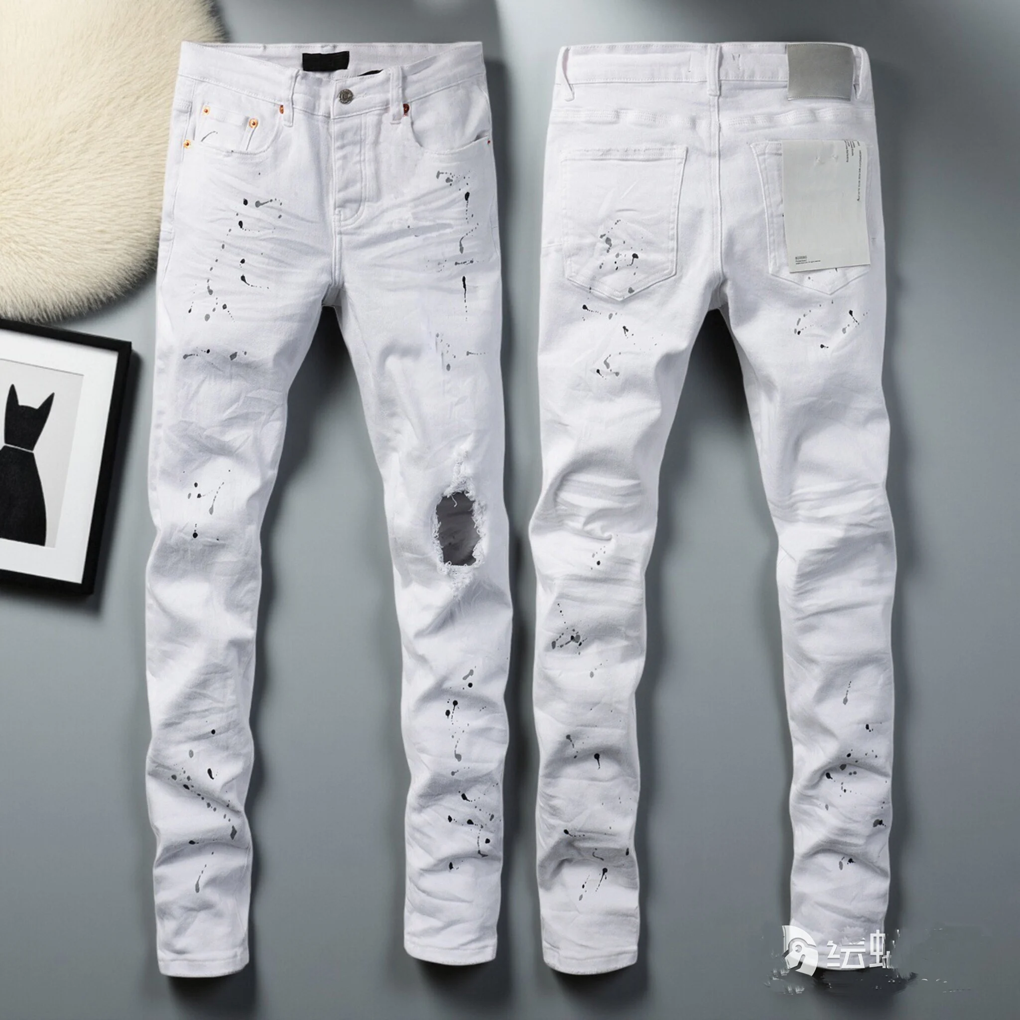 

Fashion Men's High Street Top Quality Low Rise Skinny Jeans White Paint Distressed Repaired Denim Pants Jeans