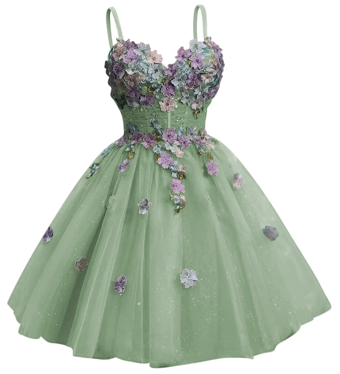 

Spaghetti Straps Homecoming Dress for Teens with 3D Floral Puffy Tulle Short DAMA Dress for Quinceanera