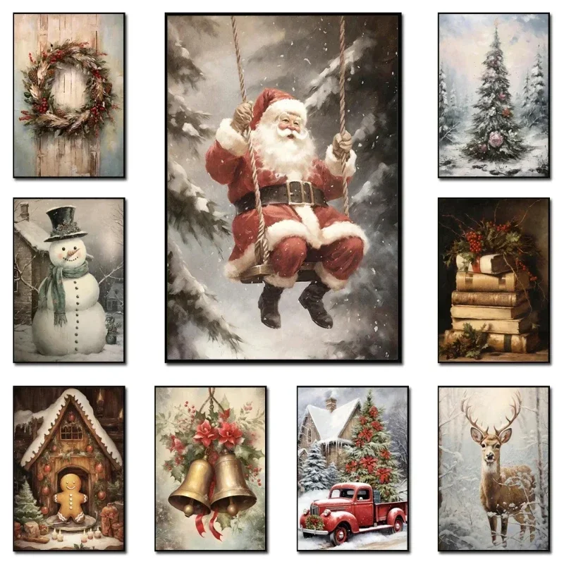 (2D Canvas painting) Vintage Holiday Christmas Santa Claus Winter Gingerbread Сottage Wall Art Posters Prints Canvas Painting