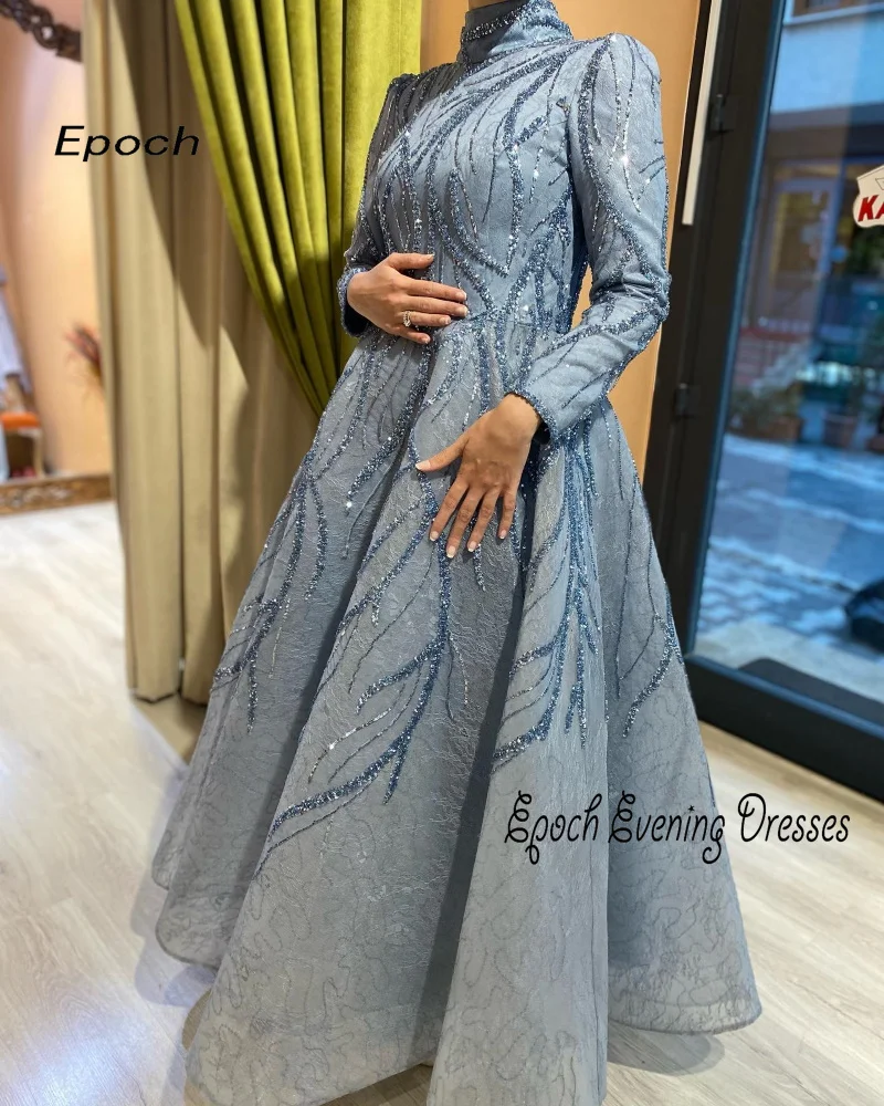 Epoch Luxury Evening Dress Shiny Lace Sequined A-Line Custom Made Arabia High Neck Musilm Cocktail Prom Gown For Sexy Women 2024