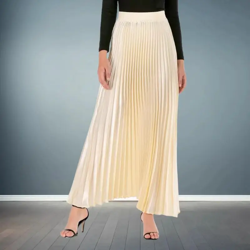 

Solid Color Silk Satin Pleated Long Skirt Women Spring Summer Fashion Elastic Waist A-line Big Swing Beach Dance Party Skirt