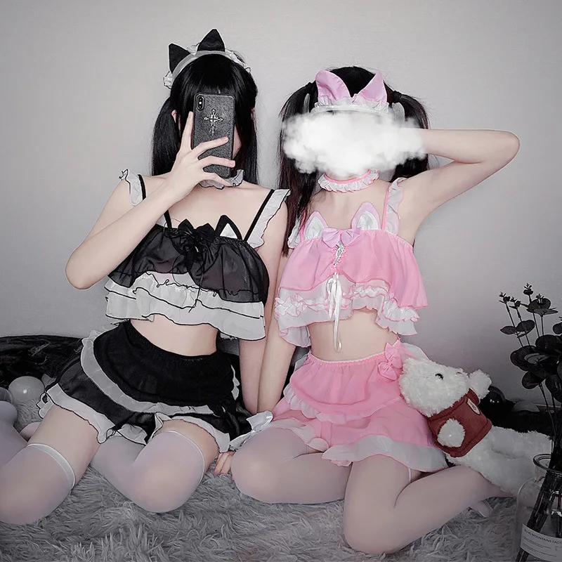 AniLV Anime Lolita koty dziewczyna pokojówka kostium kąpielowy śliczne różowe uszy kota stroje kąpielowe jednolita impreza przy basenie Cosplay