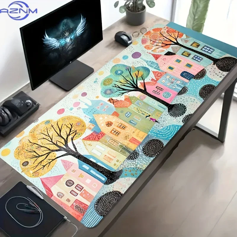Colorful Artistic Town Mouse Pad Oversized Desk Mat Non-Slip Rubber Gaming Surface Large
