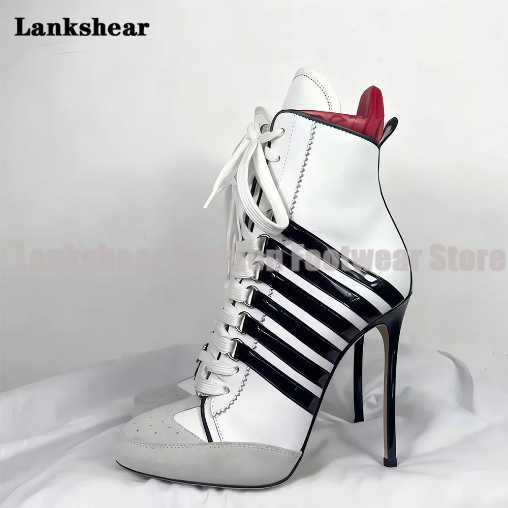 

Round Toe Stiletto Heels Sneaker Ankle Boots High-Top Patchwork Round Toe Lace-Up High Heels Boots Women Shoes Botas Mujer