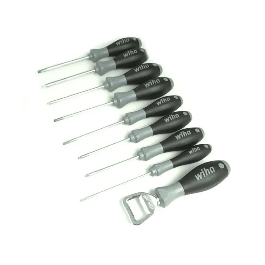 Wiha 9Pcs Screwdriver Set SoftFinish with Bottle Opener for Slotted and Phillips Screws The Anti-roll Protection 46544