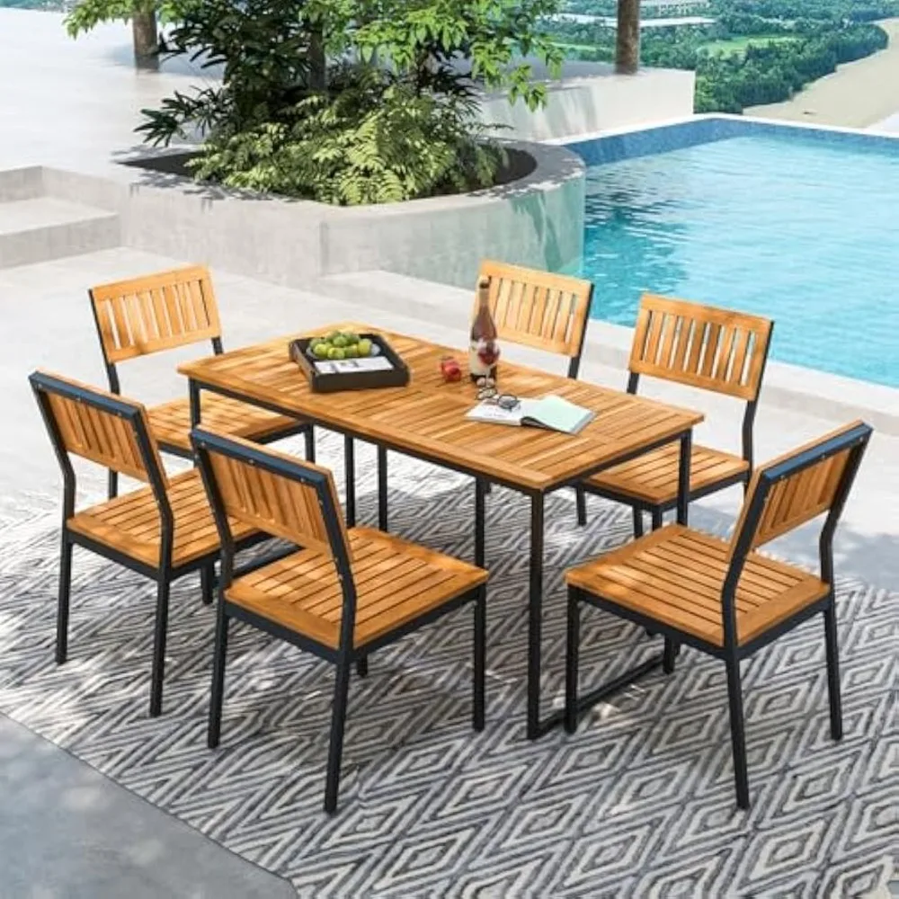 

7 Piece Outdoor Dining Set for 6, Acacia Wood Rectangular Dining Table & 6 Armless Chairs w/Metal Frame, Umbrella Hole, Farmhou