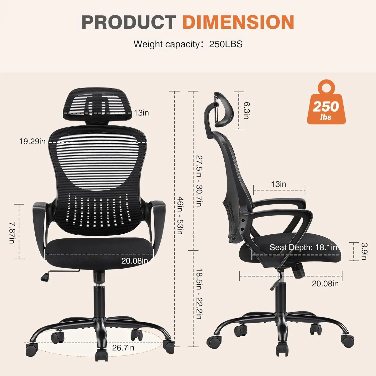 Silla ergonómica de escritorio para ordenador de oficina, asiento de trabajo rodante de malla de espalda alta con ruedas y reposacabezas ajustables, color negro