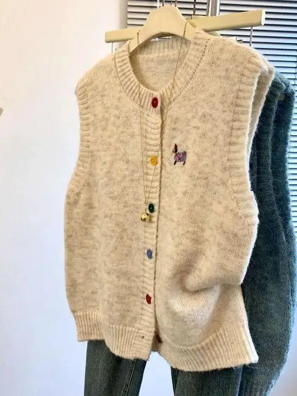 New Advanced Sleeveless Loose Knitted Vest Dog Embroidery Korean Style  Button Cardigan Sweater Soft round Neck Top
