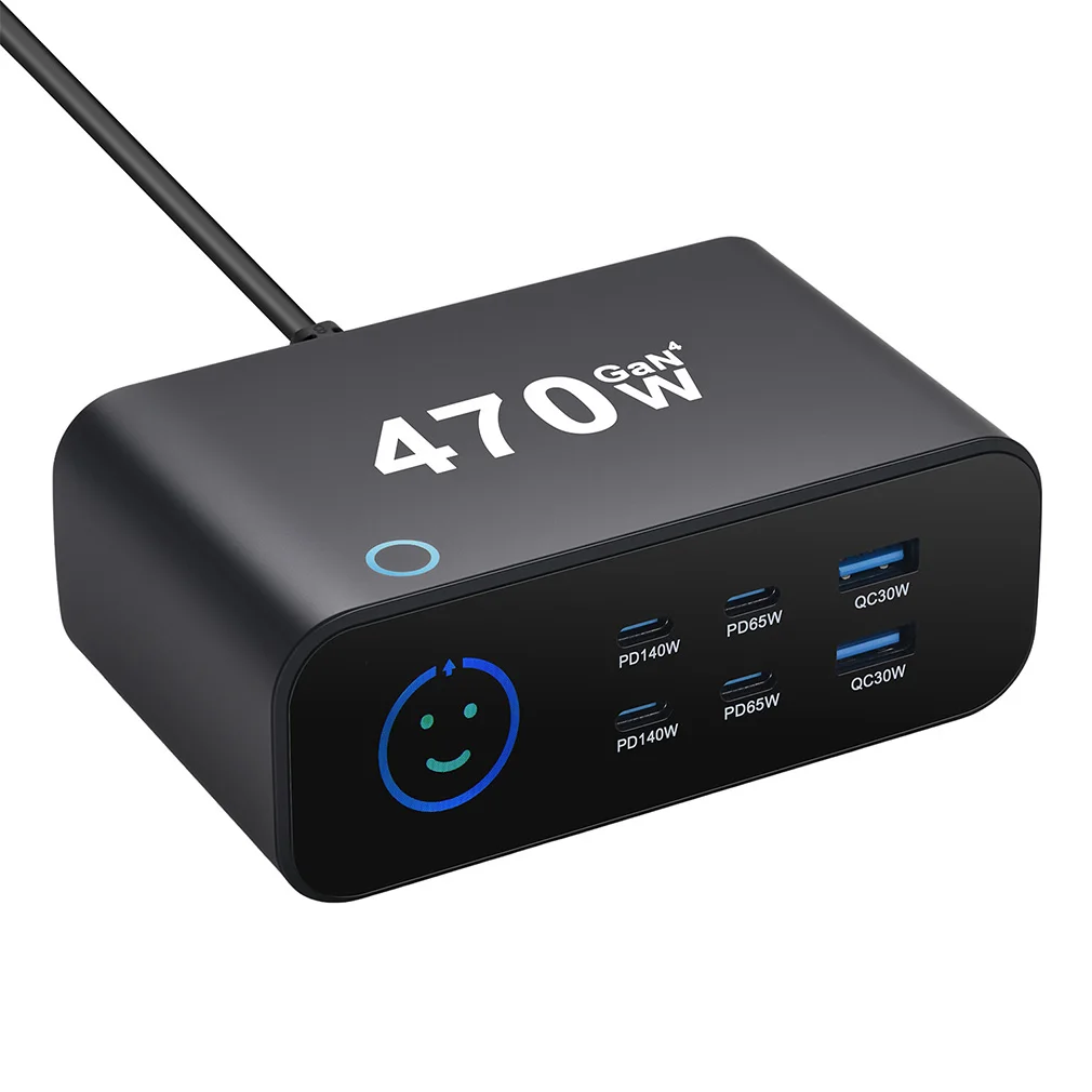 

2026 New 470W GaN Desktop Charger With TFT Digital Display Ultra-Portable USB-C PD 6-Port 4C2A Fast Charging for Phone & Tablets