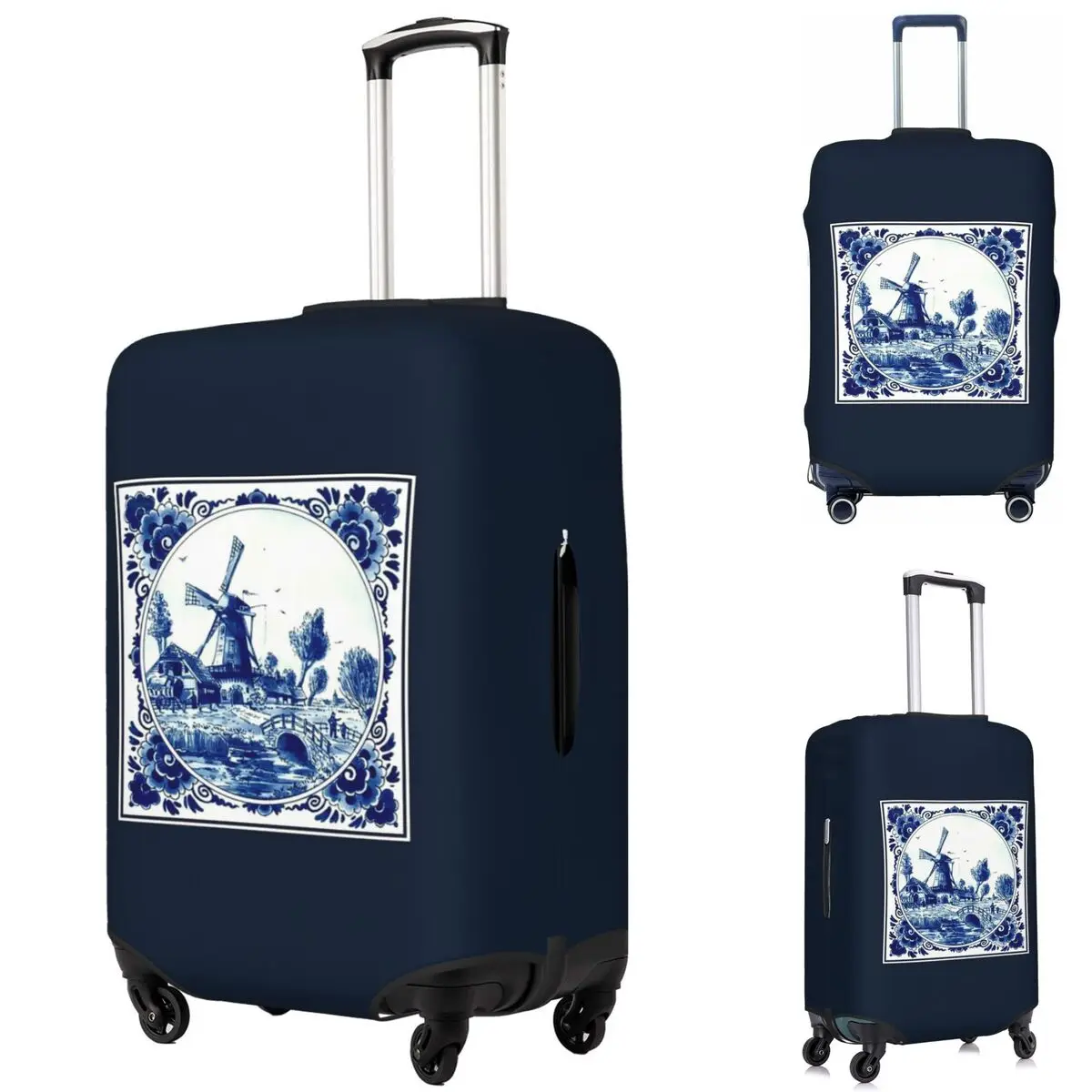 

DUTCH BLUE DELFT Vintage Windmill And Bridge Print Suitcase Cover Protection Elastic Travel Luggage Protector Covers 18-32 Inch