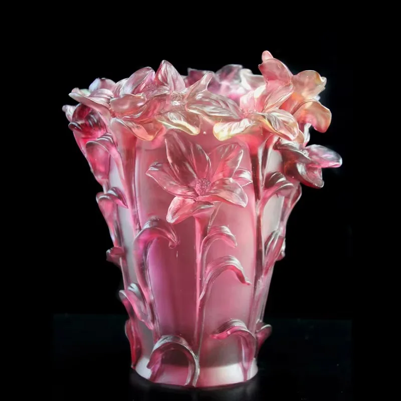Glass Vase Pink Glaze Floral Carved One Size Decorative Ornament for Wedding Home Garden Chinese Traditional Gift