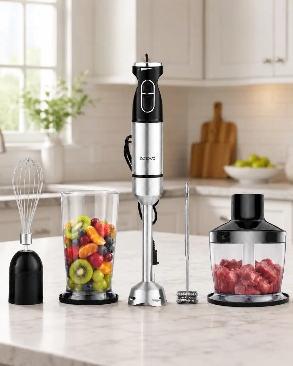 5-In-1 Immersion Blender, 800W Hand Blender With Stepless Speed Control, Stainless Steel Blades, 800ml Beaker, 600ml Chopper, Whisk & Milk Frother For Smoothies, Soups & Baby Food