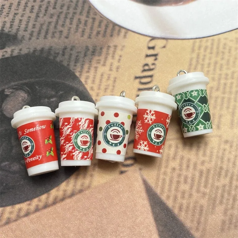10pcs Cute Mini Christmas Coffee Cup Resin Charms Funny Drink Bottle Pendant For Earring Keychains Diy Jewelry Making
