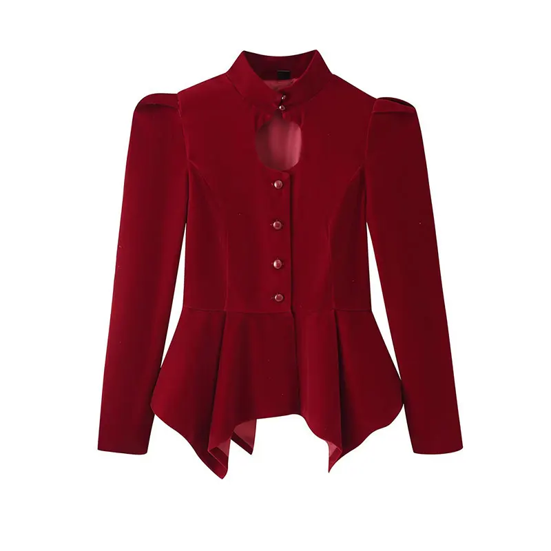 Nlzgmsj 2026 Autumn Women Velvet Peplum Stand Collar Hollow Out Chest Puff Long Sleeve Slim Fit Irregular Hem Lady Elegant Party