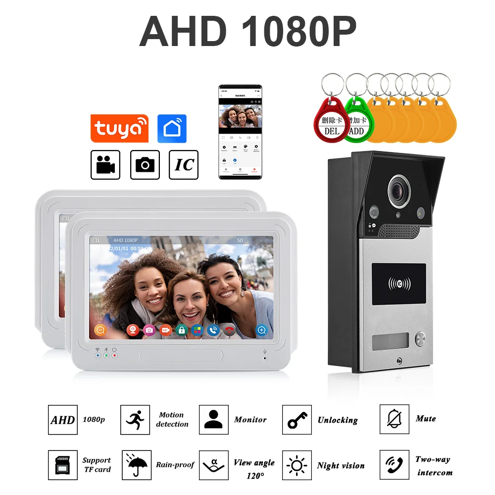 

1080P 7" Touch Screen Wifi Video Doorbell, Smart TUYA Home Video Intercom support 32G Card Rceord Kit Motion Detection ID Unlcok