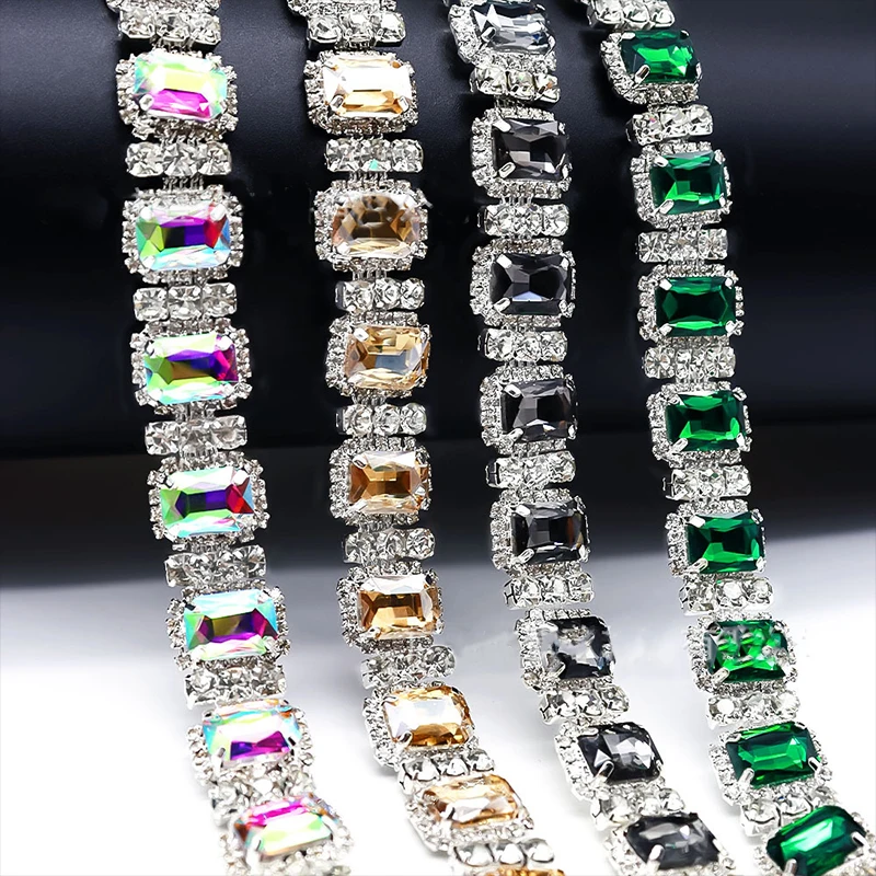 

1 Yard Colorful Stylish Grand Rectangular Glass Rhinestone Flower Chain DIY Wedding Belt Apparel Shoe Bag Accessories