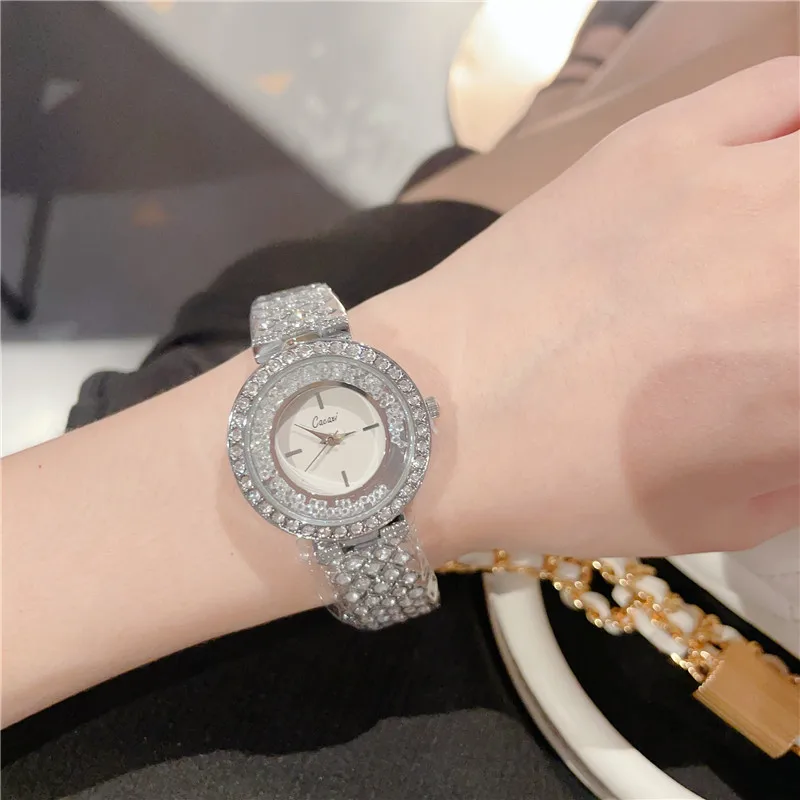 CILOA-Round Dial Women Quartz Watch Full Rhinestone Metal Bracelet Luxury Bling Ladies Dress Wristwatch-A305