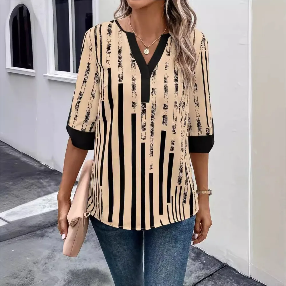 Fashion Splicing Pullover Shirt 2024 Women's Summer New Double Splicing Contrasting Color Five Quarter Sleeve Blouses Top Blusas