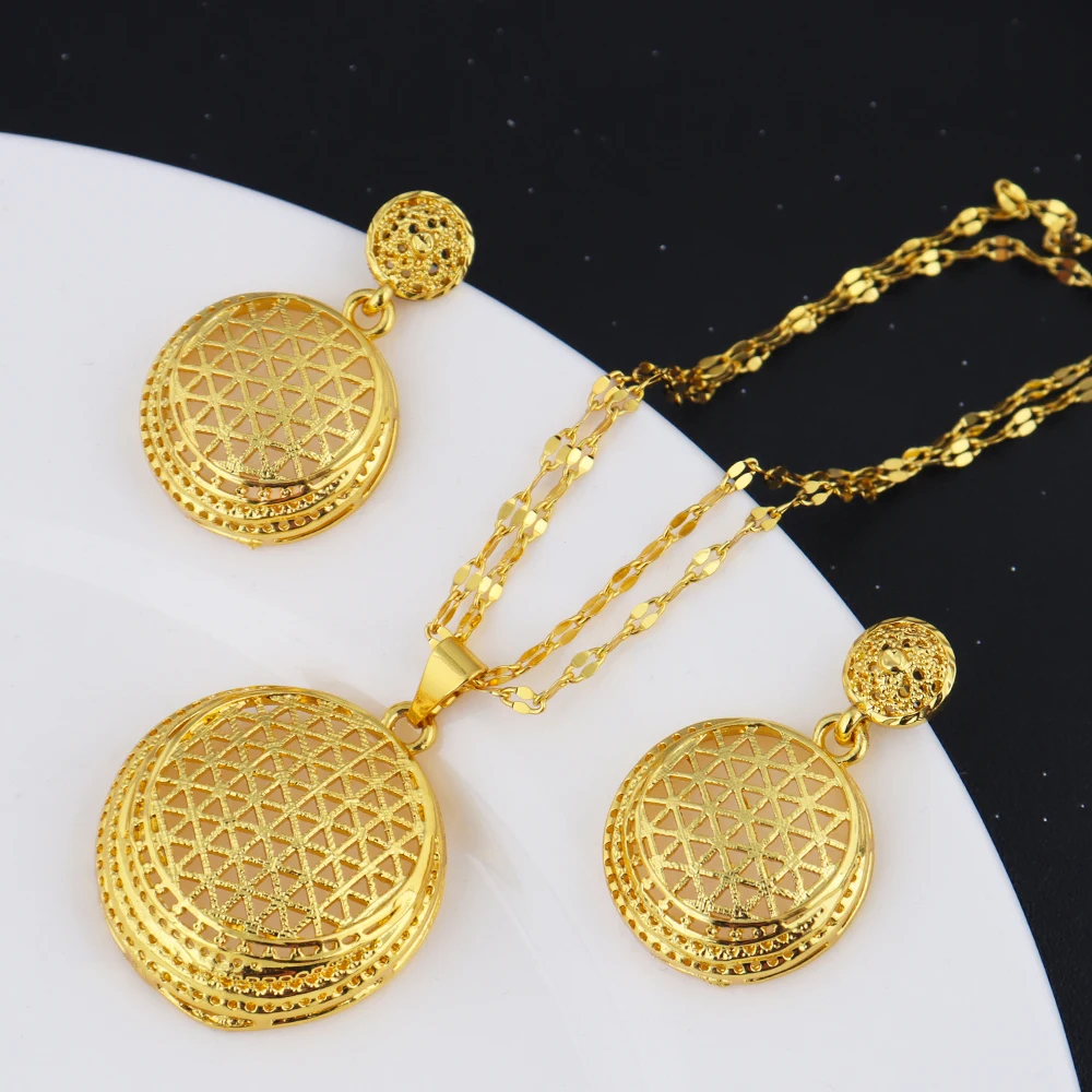 

24k gold color dubai luxury jewelry set for Women Necklace Earrings Set Party Accessories Dubai India Africa Gift