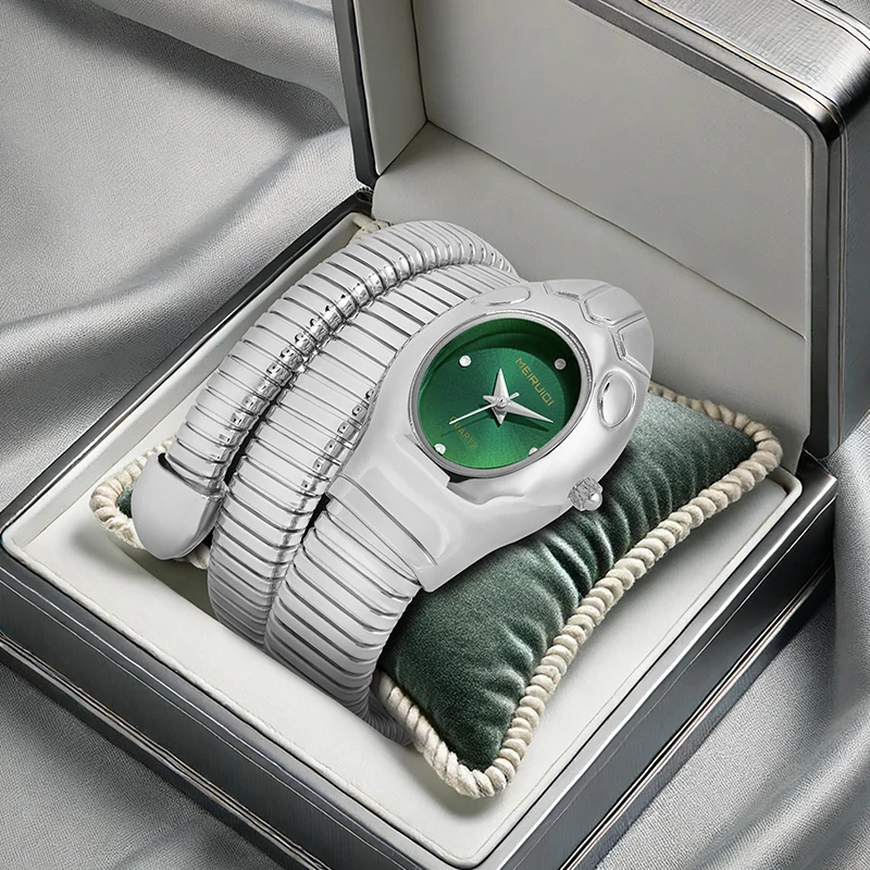 

A women's silver-green modern minimalist high-fashion serpentine quartz watch