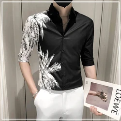 Handsome Men's Clothing Fashion Thin New Printing Asymmetrical Button Elbow Sleeve Spring Summer Turn-down Collar Man Shirts