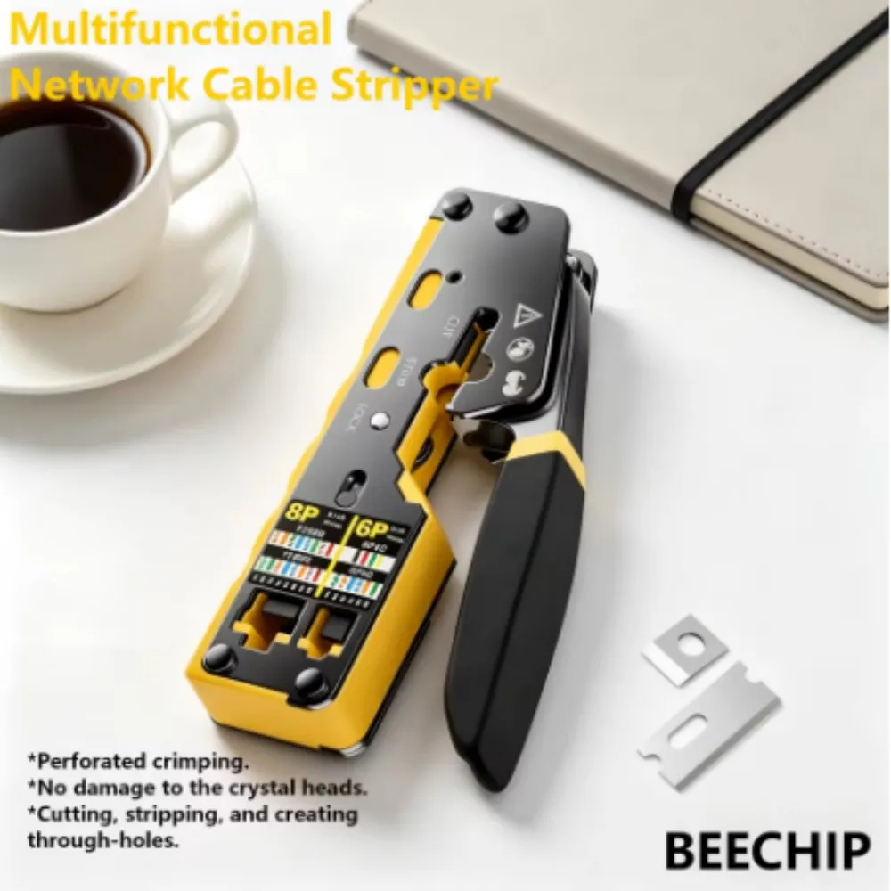 Herramienta de crimpado RJ45 BEECHIP, herramienta de crimpado Ethernet de paso directo para conectores Cat6, Cat5, Cat5e RJ45 con cuchilla de repuesto