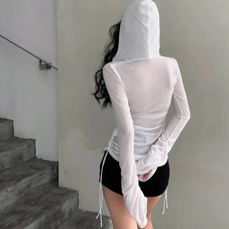 Summer hot girl style thin pleated drawstring hooded long-sleeved blouse female slightly hollow out sun protection top