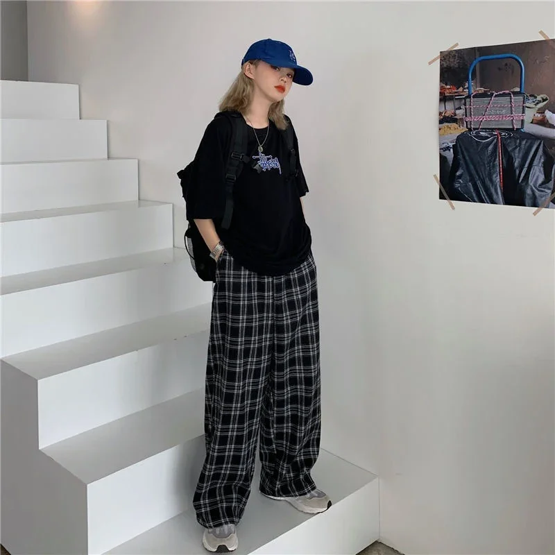 Zoki Herbst Frauen Plaid Hosen Casual Oversize Lose Breite Bein Hosen Retro Jugendliche Harajuku Schwarz Hip Hop Alle Spiel Streetwear 3XL