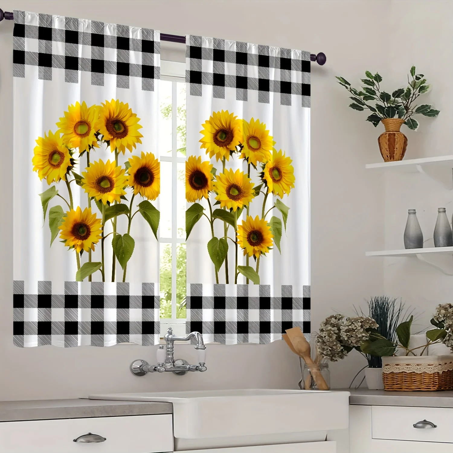 2pcs Modern Multicolor Flower Plaid Sunflower Digital Printing Household Decor Rod Pocket Curtain Kitchen Curtain Living Room