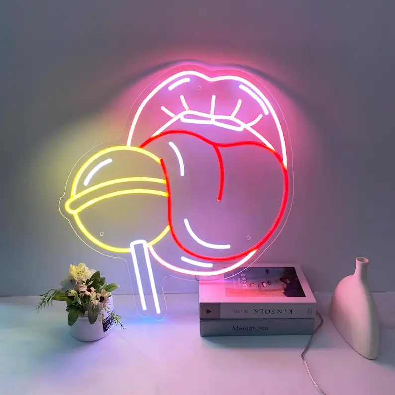 

20 inch Lips with Lollipop Neon Sign Red Lip Girl LED Light Tongue Wall Art Home Bedroom Decor Wall Sexy Sex Bar Club Studio