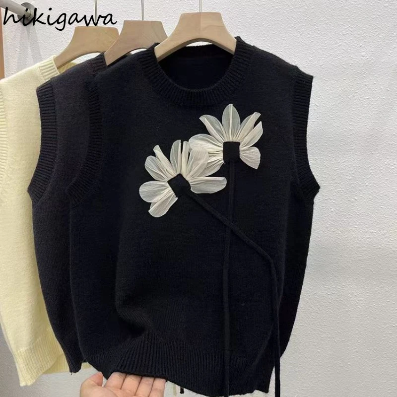 Knitting Vest Sweater Women Clothing Sweet 3D Floral Sleeveless O-neck Tanks 2023 Ropa Mujer Vintage Fashion Knitwear Crop Tops