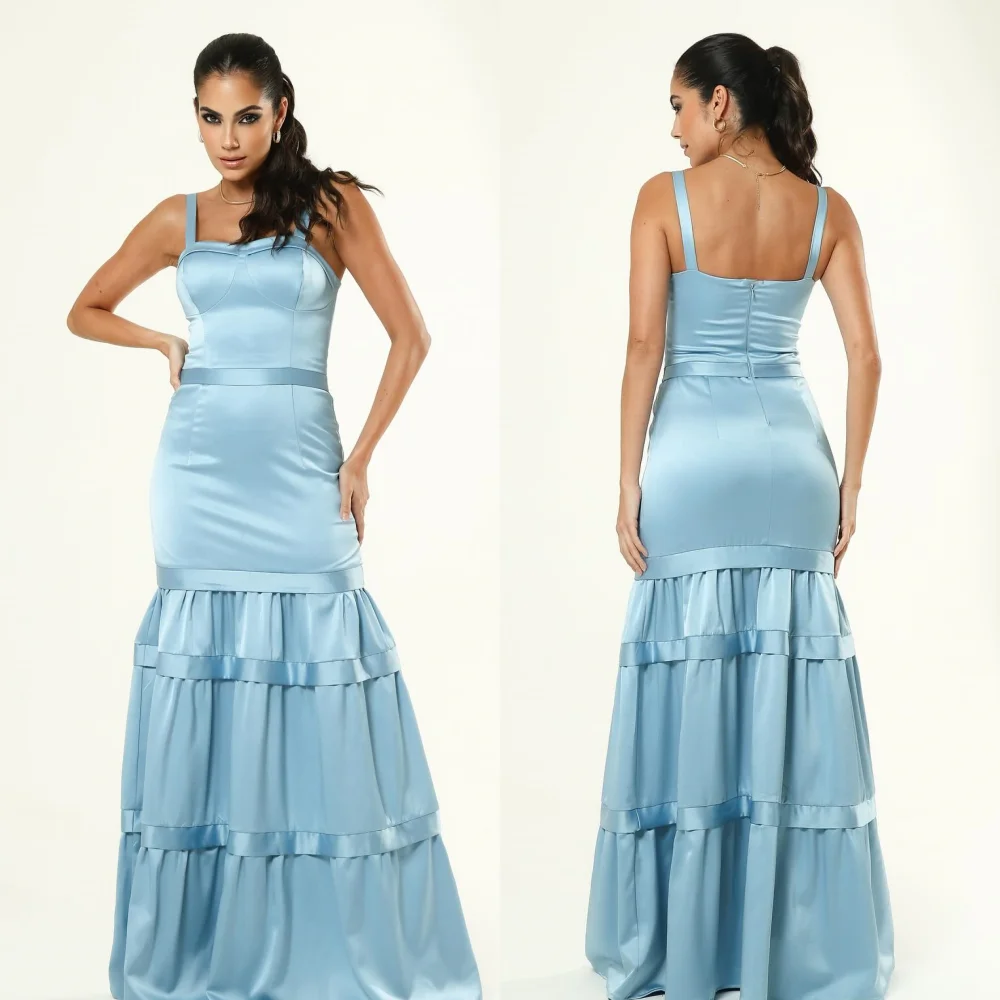 

Satin Tiered Ruched Formal Evening A-line Square Neck Bespoke Occasion Gown Long Dresses