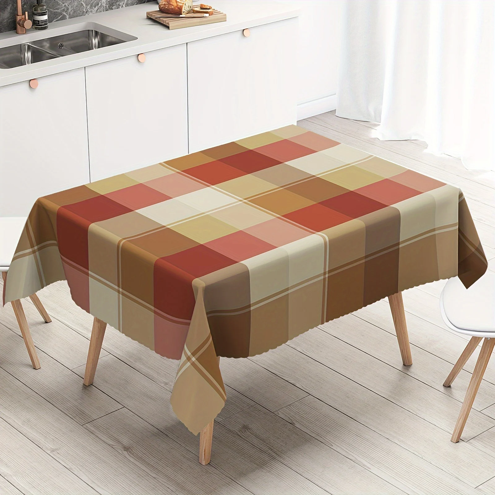 One, tablecloth, a warm-toned checkered printed tablecloth, rectangular and in a simple style with colors.