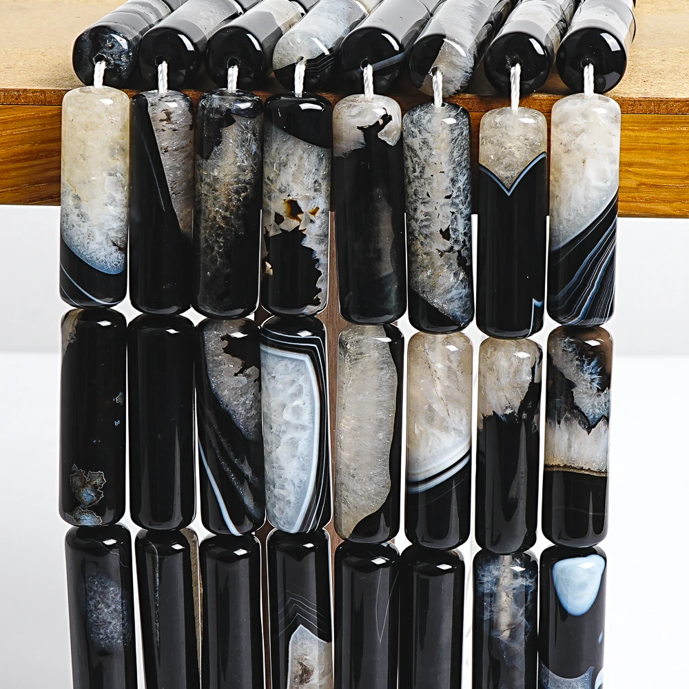 25x25x7mm Black White Cylinder Agate Loose Beads Natural Agate Stone for DIY Jewelry Making Crafting Bracelet Necklace Supplies