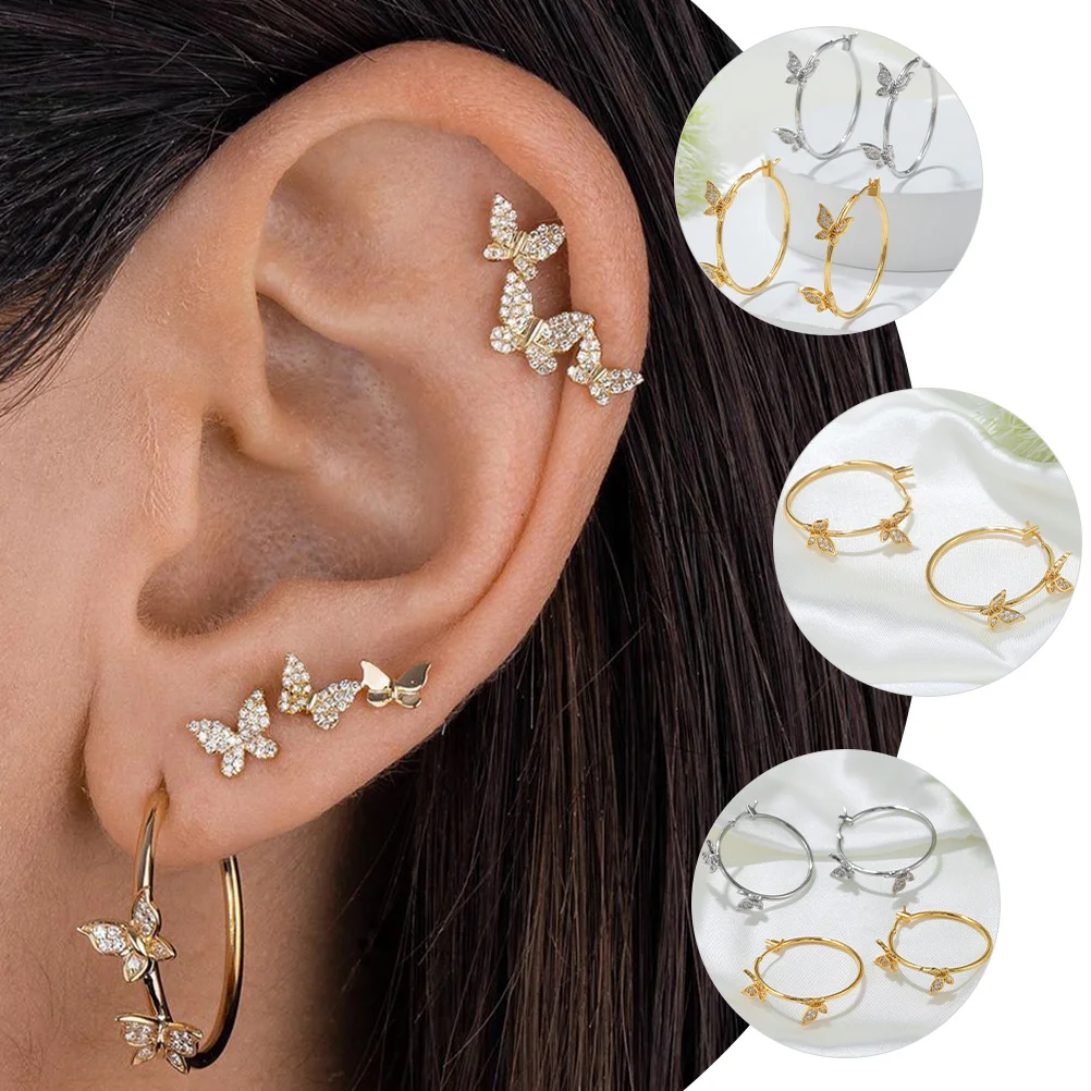 

1 Pair Full Rhinestone Butterfly Hoop Earrings Elegant Lightweight Huggie Earrings for Women Wedding Party Prom Fashion Jewelry