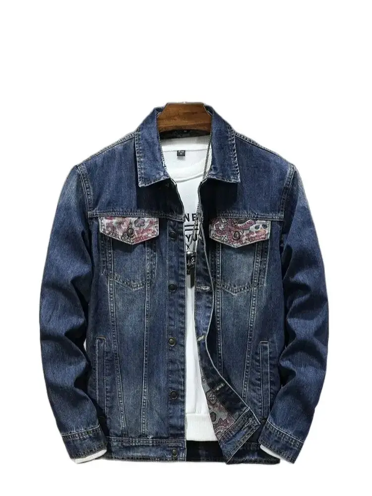 Spring Autumn Embroidered Patchwork Denim Jacket Slim Fit Cotton Line Print Black Light Blue Shirt Pocket Decoration Wild Youth2