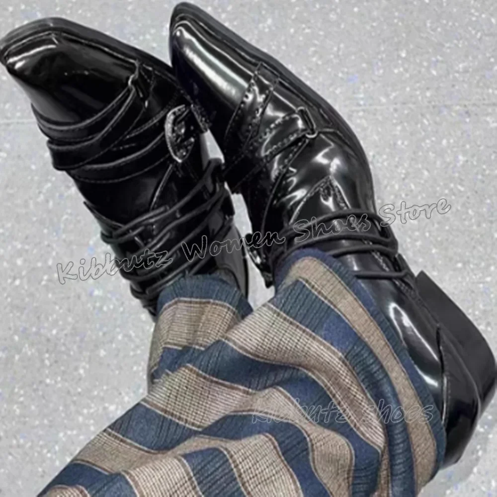 

Одинарные туфли-лодочки со шнуровкой и пряжкой на ремне из лакированной кожи на толстом каблуке с деформированной головкой и металлическим декором, черный Y2k, пикантная модная новинка для девочек, новинка, новинка