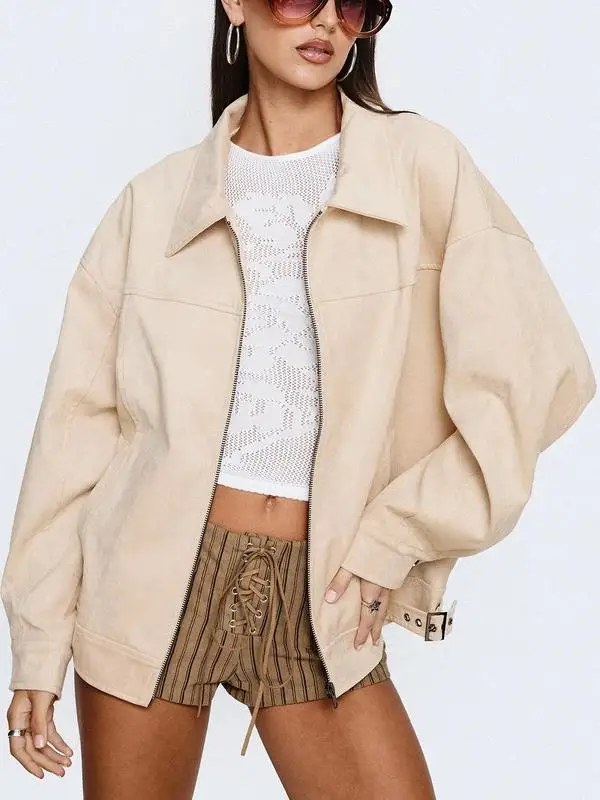 

GuliriFei Womens Spring Fall Jacket Outwear Casual Loose Fit Stylish Solid Color Zip Up Collared Long Sleeve Coat