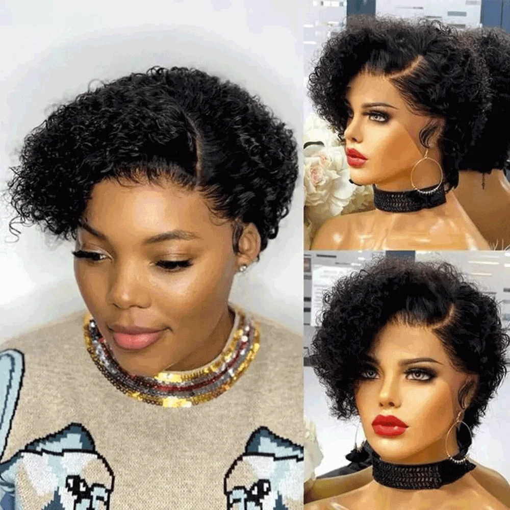 Curto Bob Curly Pixie Corte Peruca, Perucas de Cabelo Humano, Renda Transparente, Águas Profundas, Pré Arrancadas, HD, 13x1