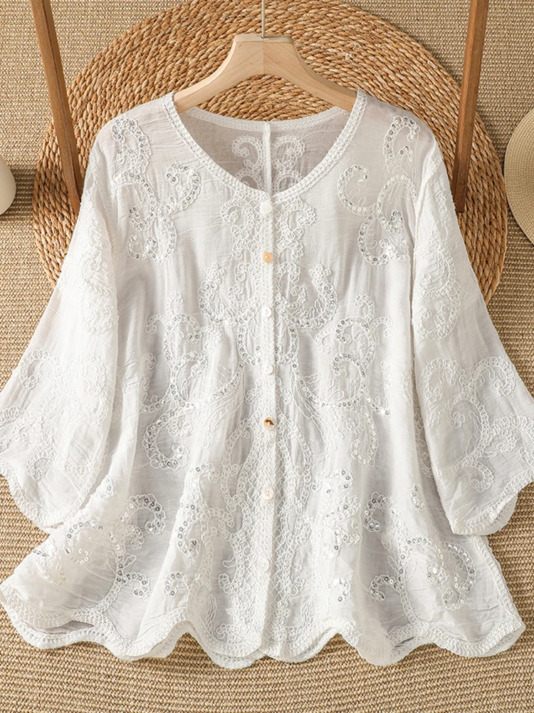 Lace Embroidery V-Neck Sun Protection Shirt Women's plus Size Artistic Style Slimming Sequin Women's Casual Breathable Shirt