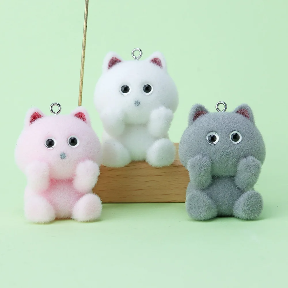 

4Pcs Resin Flocked Touch Face Cat Pendant DIY Handmade Keychain Car Hanging Ornament Material Wholesale Cute