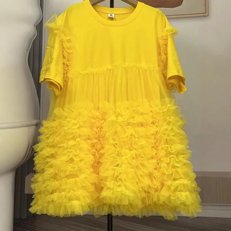 ผู้หญิงตาข่าย Spliced Ruffles ยาวเสื้อยืดกระโปรงปุยหลวมจีบ Tees ชุดแขนสั้นเส้นด้ายสุทธิ Ruched Tops Vestidos