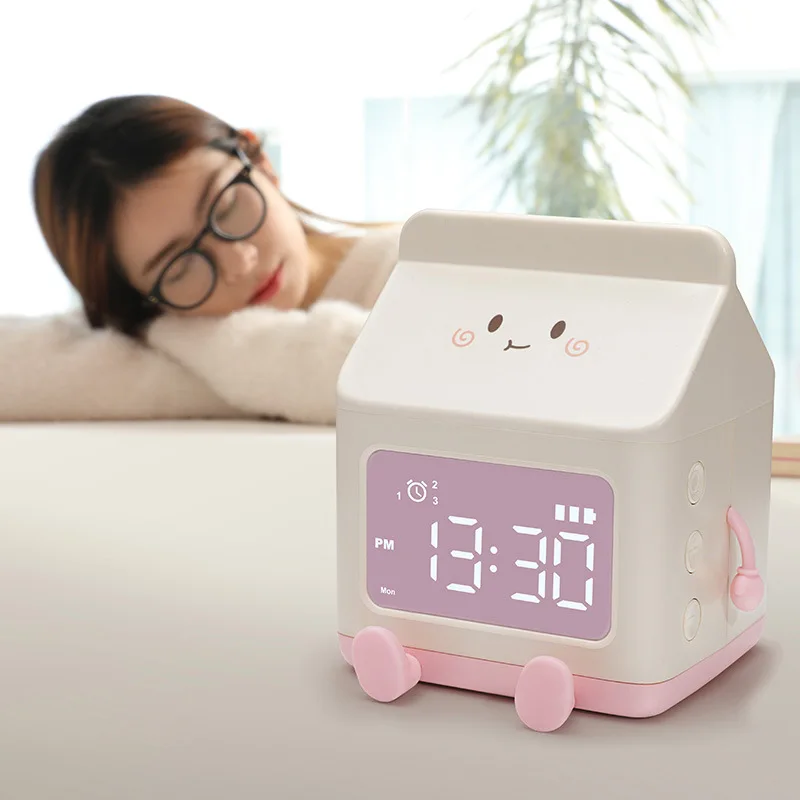 

Fun Milk Box Alarm Clock Student Wake Up Countdown Time Management Children's Cartoon Digital Table Clock