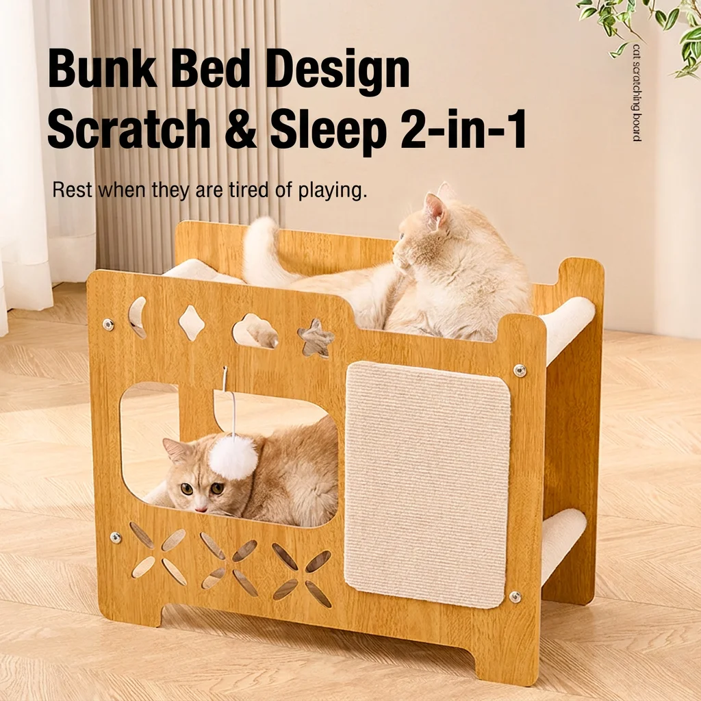 Modern Wooden Bunk Bed Cat Tree with Sisal Scratching Board Double Layer Cat House Indoor Living Room Furniture