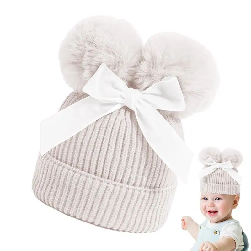 Gorros bonitos para bebé, gorro cálido de ganchillo, gorro tejido para niños de 6 a 36 meses de edad, gorros cálidos con lazo de doble bola para viajes al aire libre