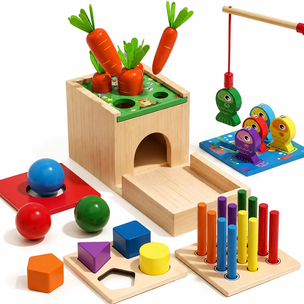 Ozmtoy Wooden Multifunctional Shape Matching Puzzle Box, Color Sorting Educational Game, Early Development Learning Toy
