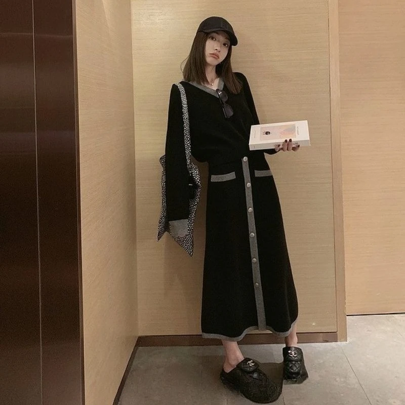 

Autumn Casual Warm Color Blocking Knitting Two Piece Set Women V-Neck Loose Pullover+Single Breasted High Waist Half Skirt