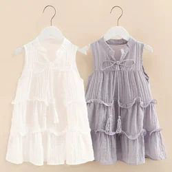 2024 Summer 3 4 5 6 8 10 12 Years Solid Colour Confident Princess Sleeveless White Gray Teenage Layered Kids Girls Beach Dress