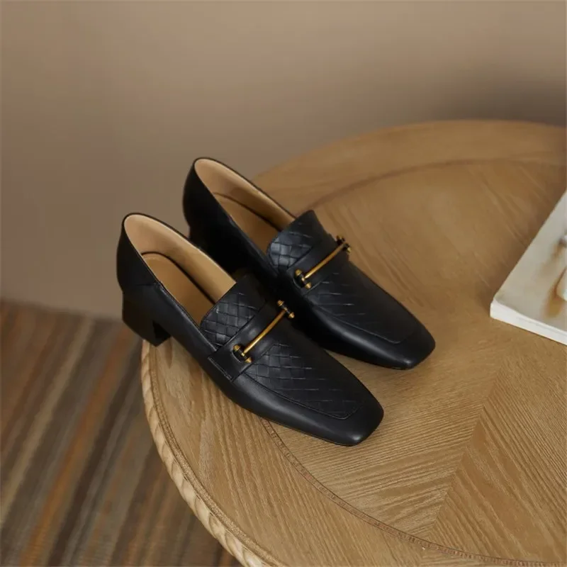 Women Shoes Fashion Genuine Leather Loafers Slip-On  Women's Flat Shoes Square Toe Thick Heel Handmade Size 34-40