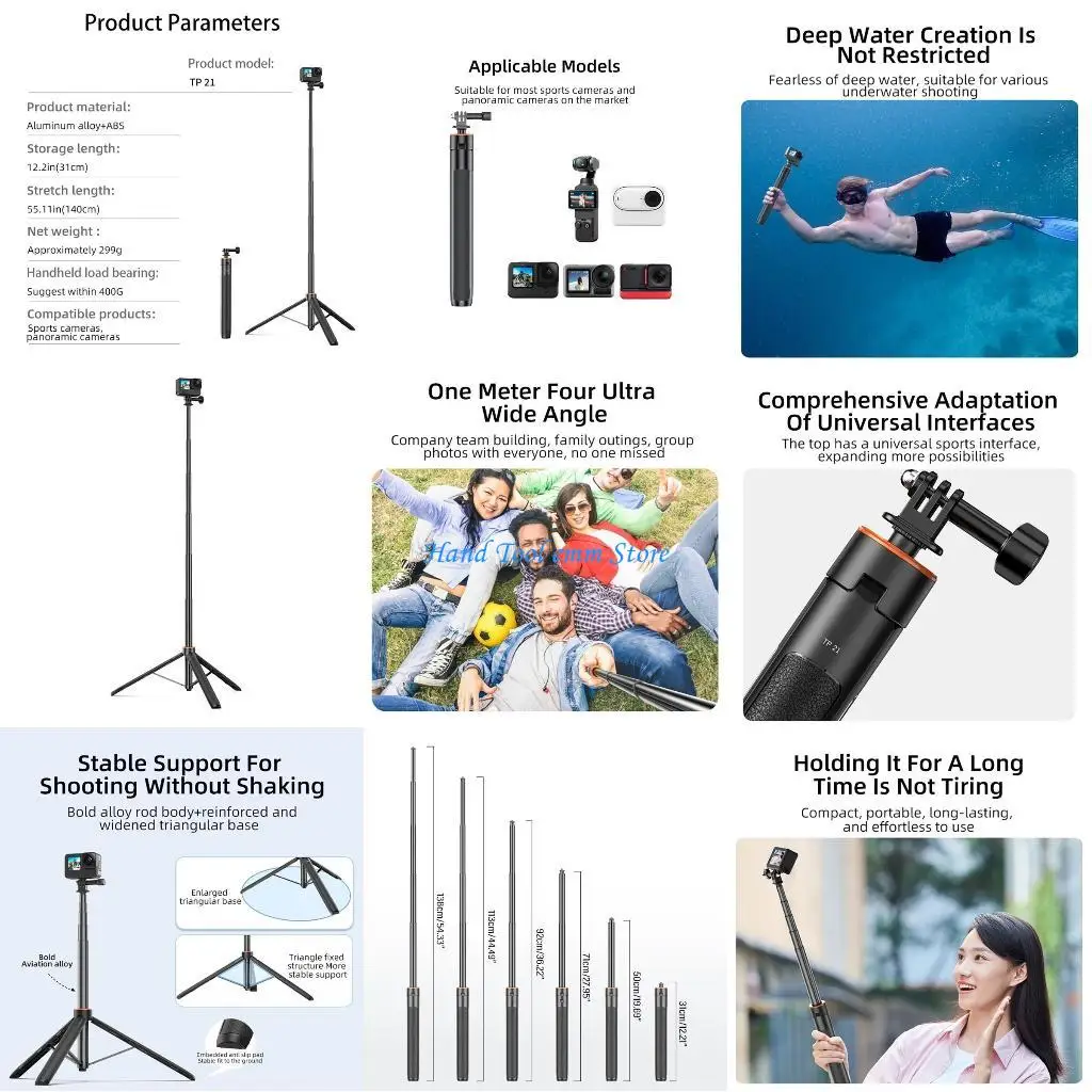 

H37F Extension Rod Tripod For POCKET 3 Selfies Sports Camera 140CM 55inch Integrated Camera Mount Accessory